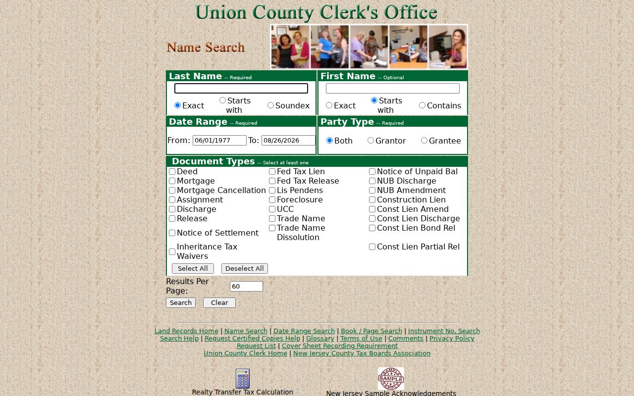 Elizabeth residents directory view of the Union County Clerk deed-name search